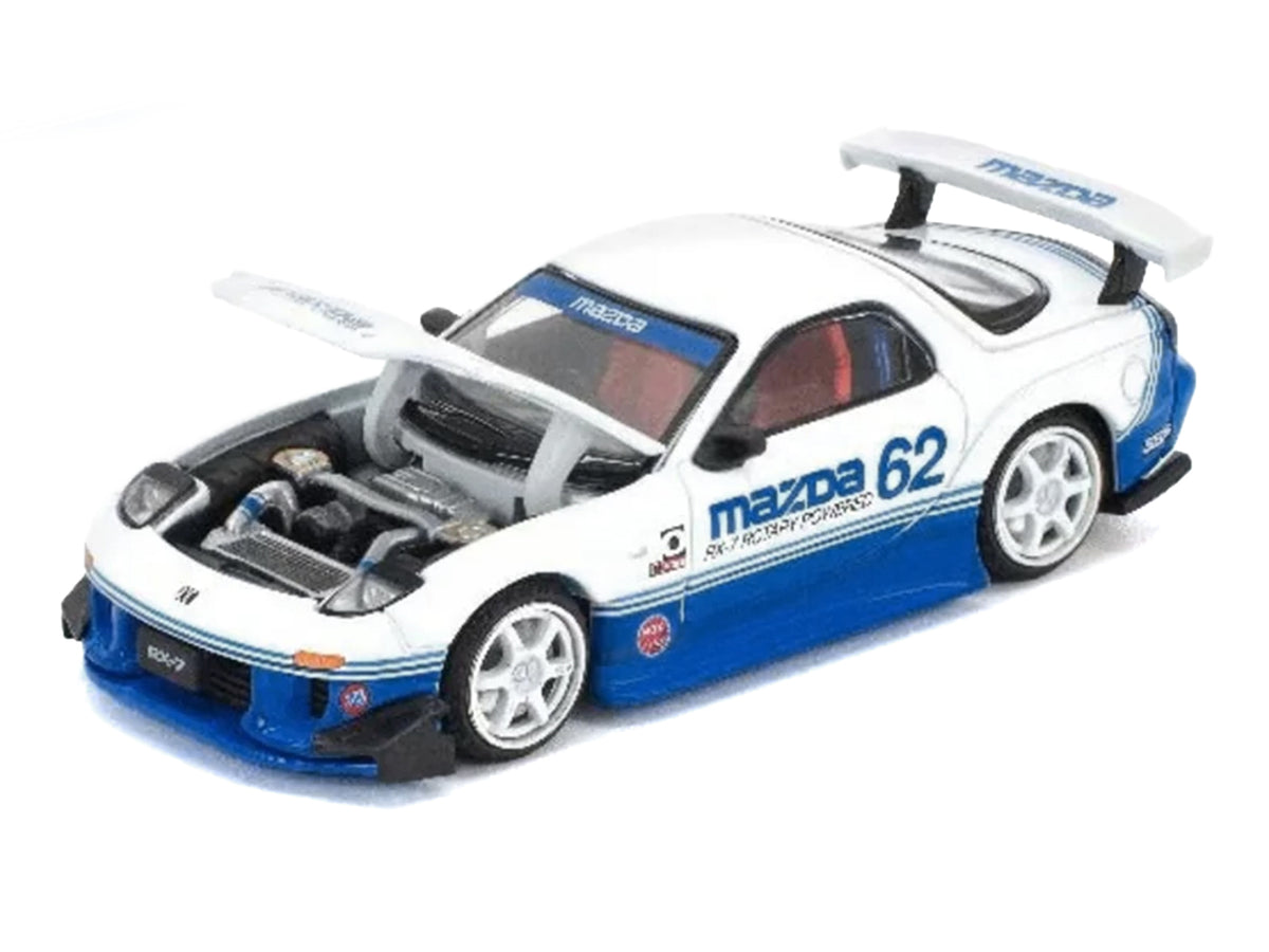 Mazda RX7 RE-Amemiya RHD (Right Hand Drive) #62 White and Blue with Graphics 'Enigma Exclusive Edition' 1/64 Diecast Model Car by Pop Race