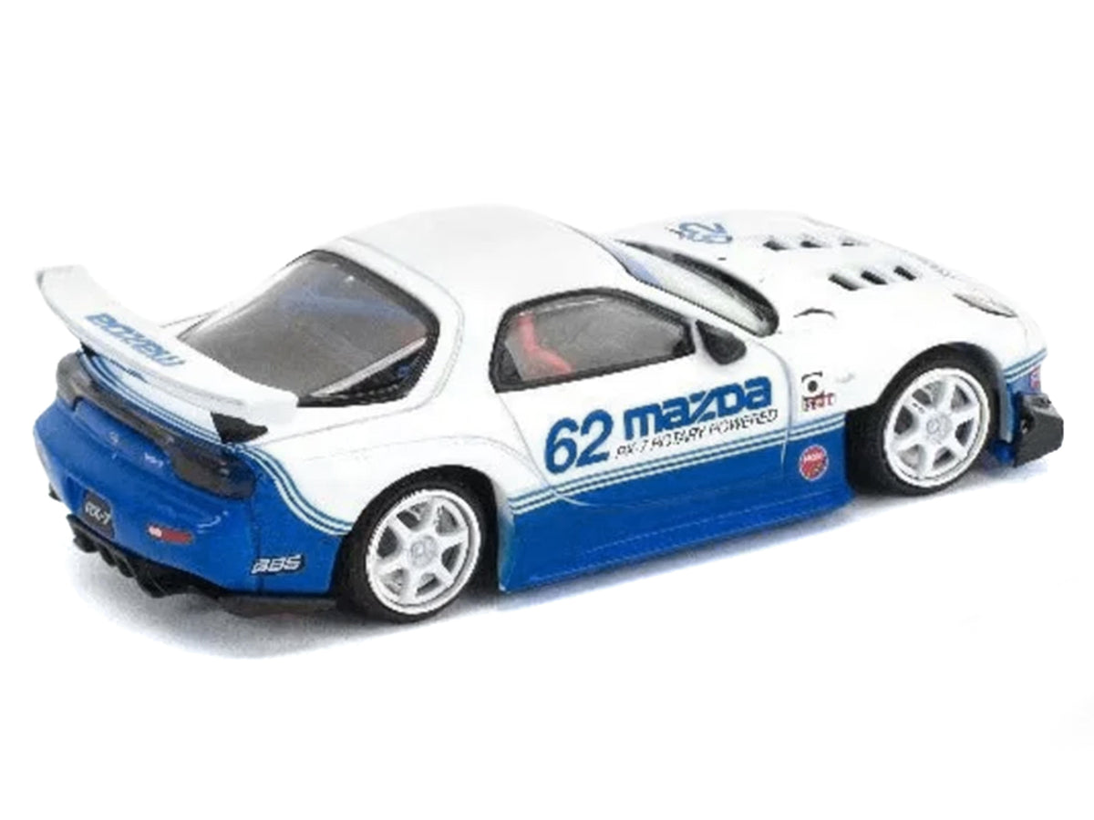 Mazda RX7 RE-Amemiya RHD (Right Hand Drive) #62 White and Blue with Graphics 'Enigma Exclusive Edition' 1/64 Diecast Model Car by Pop Race