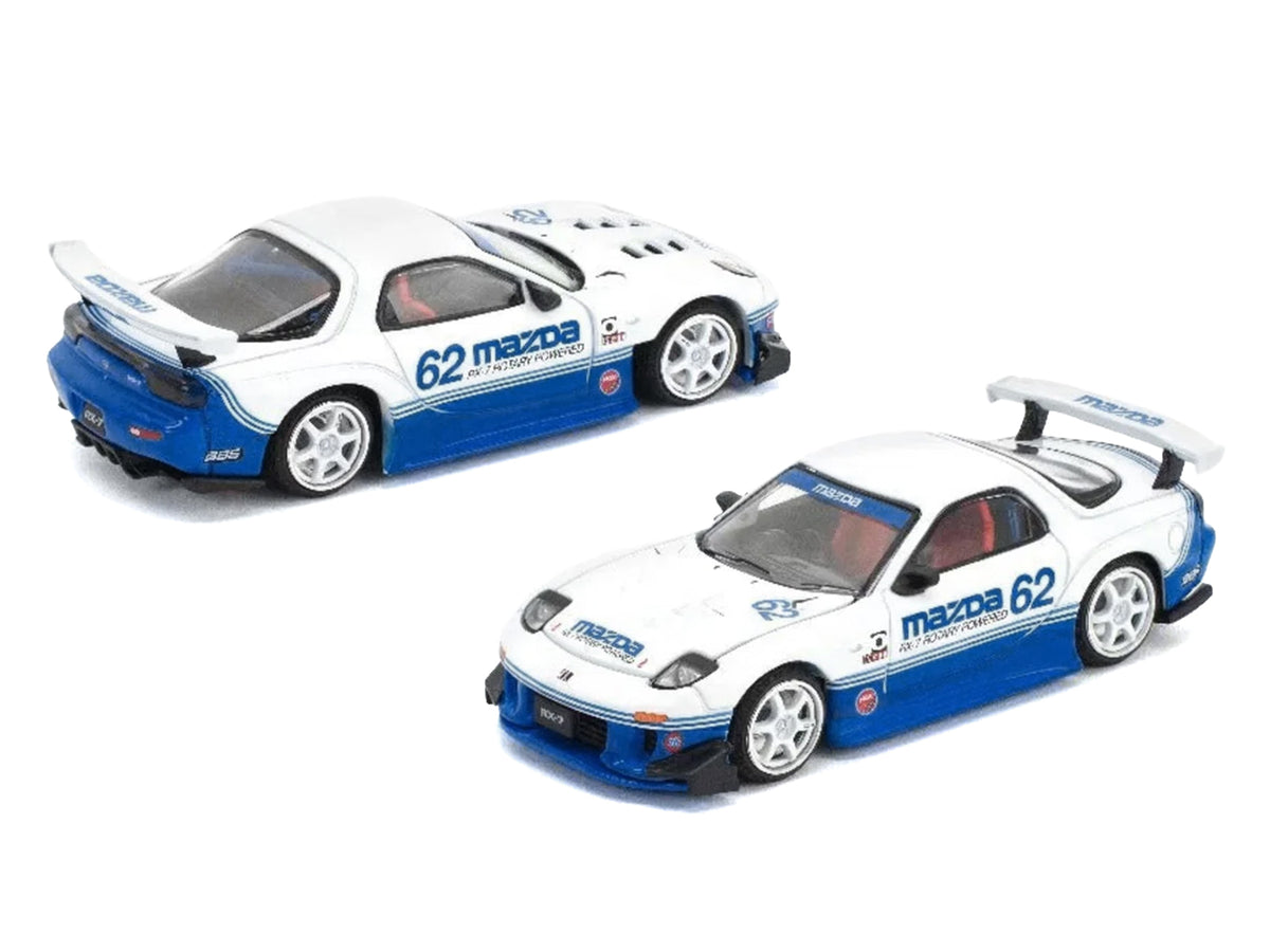 Mazda RX7 RE-Amemiya RHD (Right Hand Drive) #62 White and Blue with Graphics 'Enigma Exclusive Edition' 1/64 Diecast Model Car by Pop Race