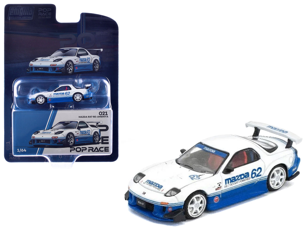 Mazda RX7 RE-Amemiya RHD (Right Hand Drive) #62 White and Blue with Graphics 'Enigma Exclusive Edition' 1/64 Diecast Model Car by Pop Race