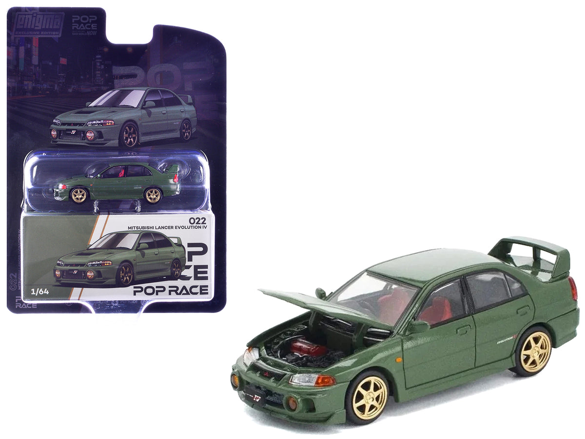 Mitsubishi Lancer Evolution IV RHD (Right Hand Drive) Green with Red Interior and Gold Wheels 'Enigma Exclusive Edition' 1/64 Diecast Model Car by Pop Race