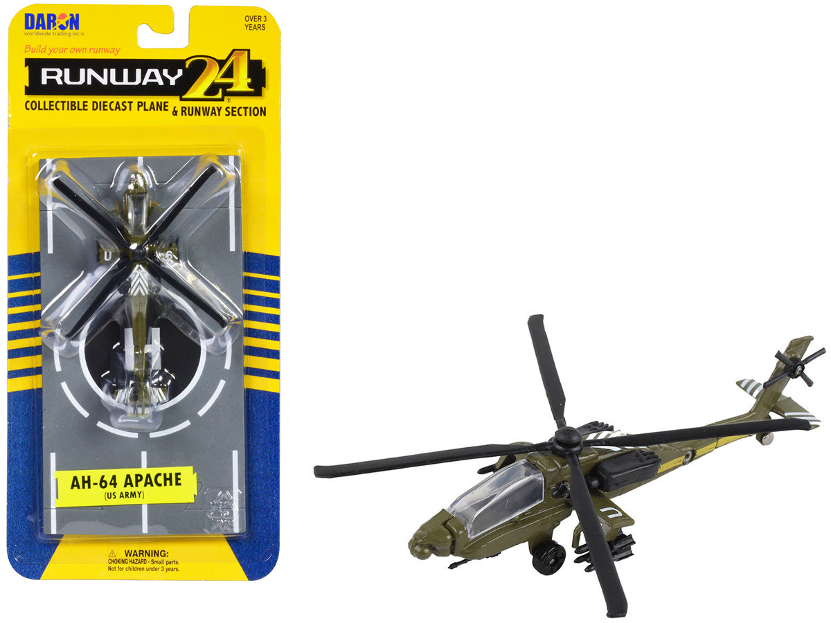 Boeing AH-64 Apache Helicopter Olive Drab 'United States Army' with Runway Section Diecast Model by Runway24