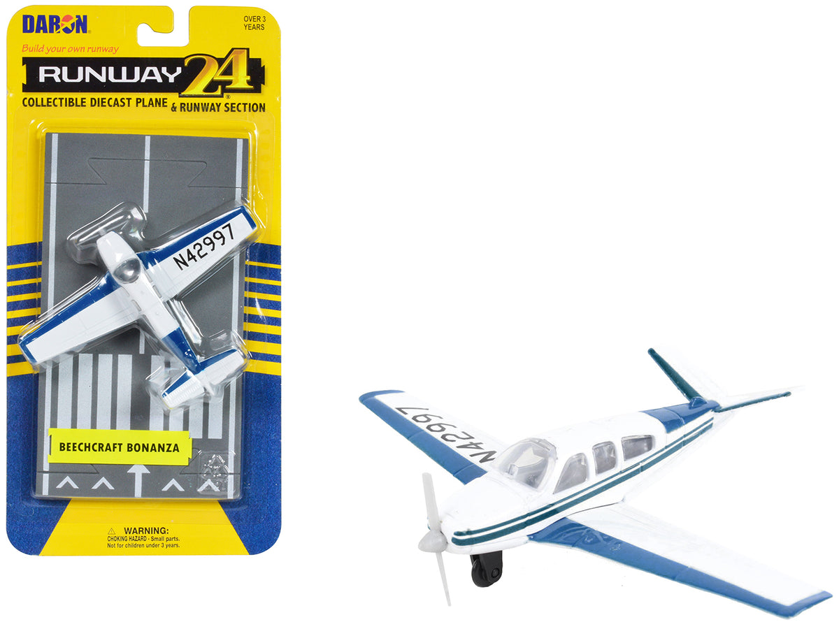 Beechcraft Bonanza Aircraft White with Blue Stripes 'N42997' with Runway Section Diecast Model Airplane by Runway24