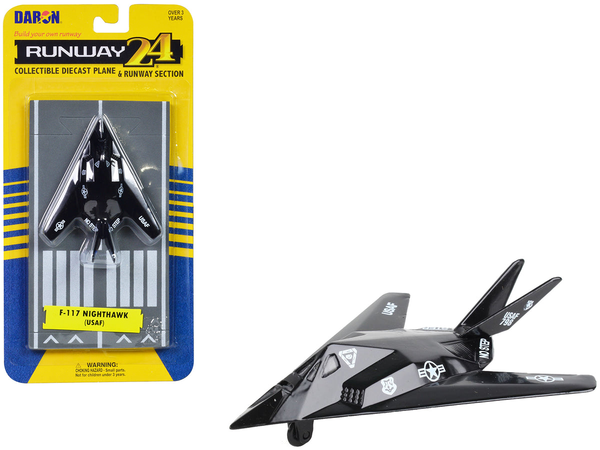 Lockheed F-117 Nighthawk Stealth Aircraft Black 'United States Air Force' with Runway Section Diecast Model Airplane by Runway24