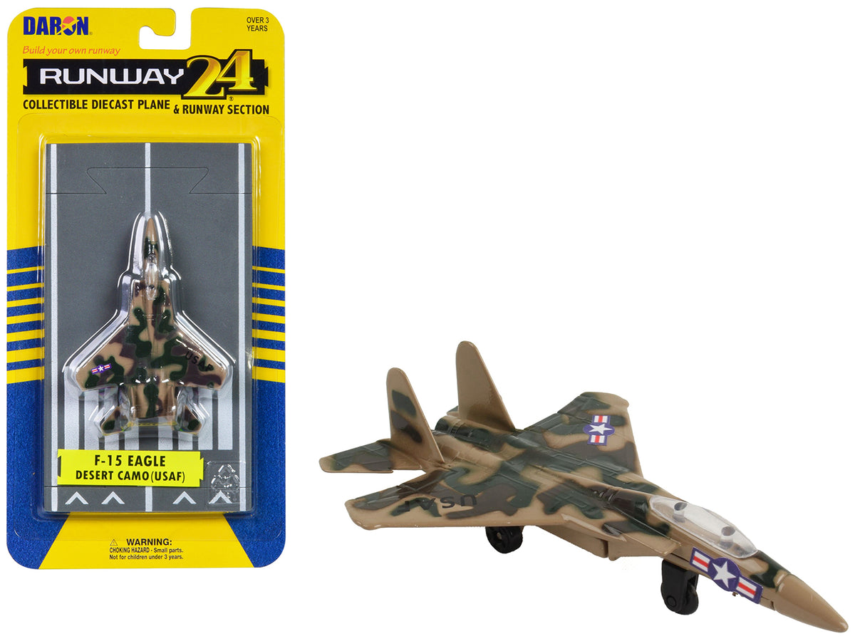 McDonnell Douglas F-15 Eagle Fighter Aircraft Desert Camouflage 'United States Air Force' with Runway Section Diecast Model Airplane by Runway24