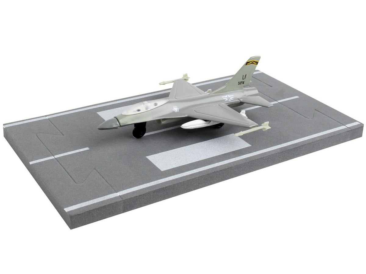 General Dynamics F-16 Fighting Falcon Fighter Aircraft Gray 'United States Air Force' with Runway Section Diecast Model Airplane by Runway24