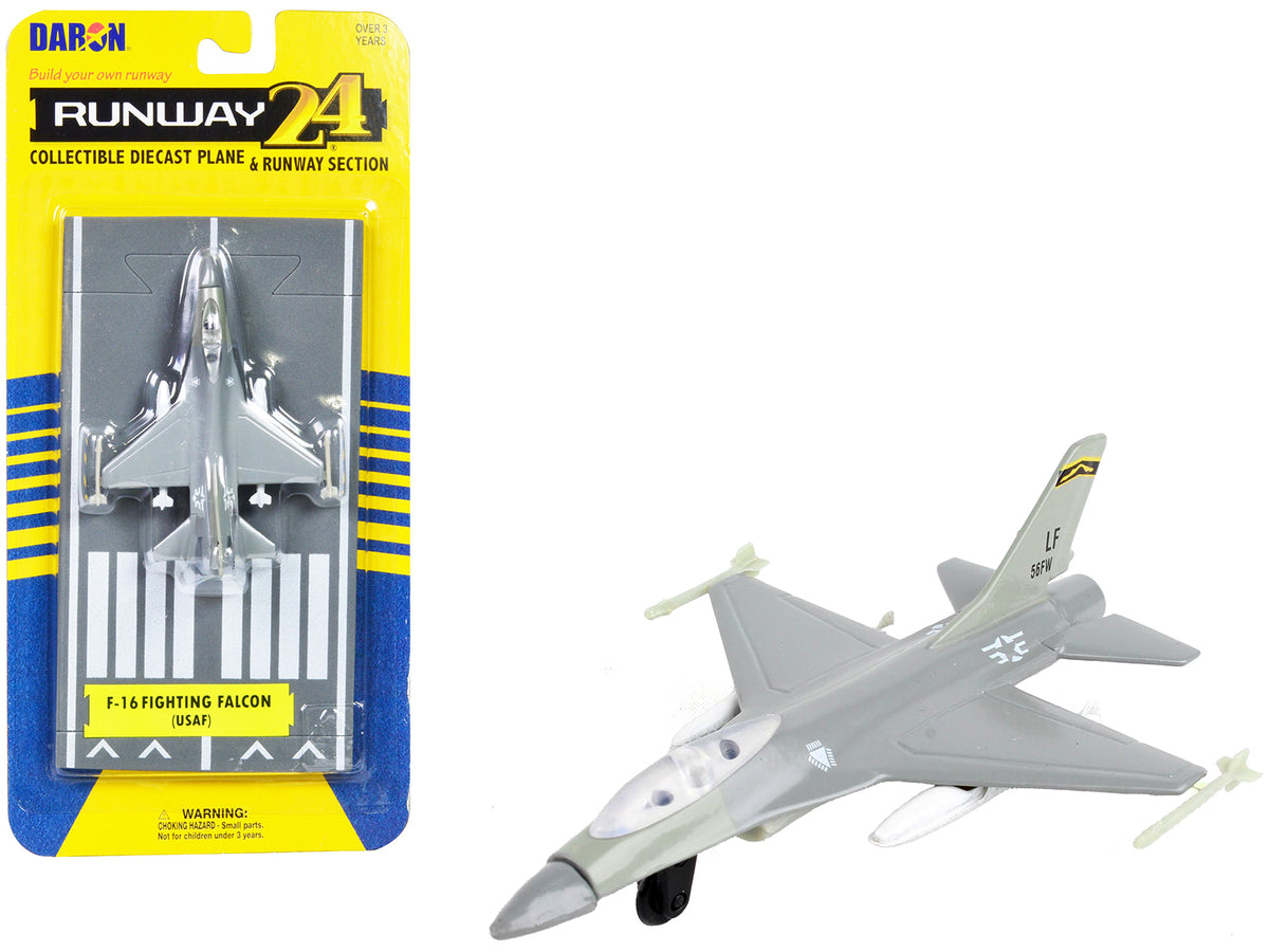 General Dynamics F-16 Fighting Falcon Fighter Aircraft Gray 'United States Air Force' with Runway Section Diecast Model Airplane by Runway24