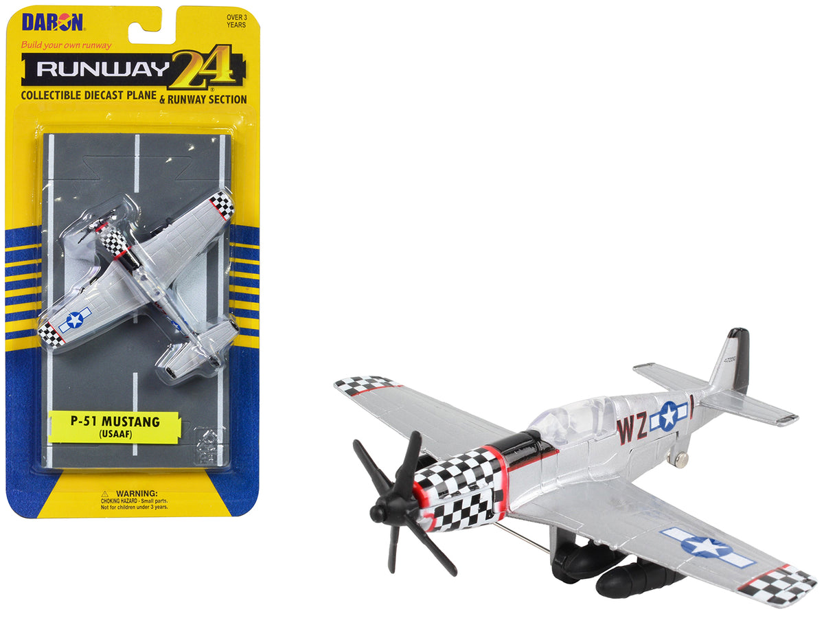 North American P-51 Mustang Fighter Aircraft Silver Metallic 'United States Army Air Force' with Runway Section Diecast Model Airplane by Runway24