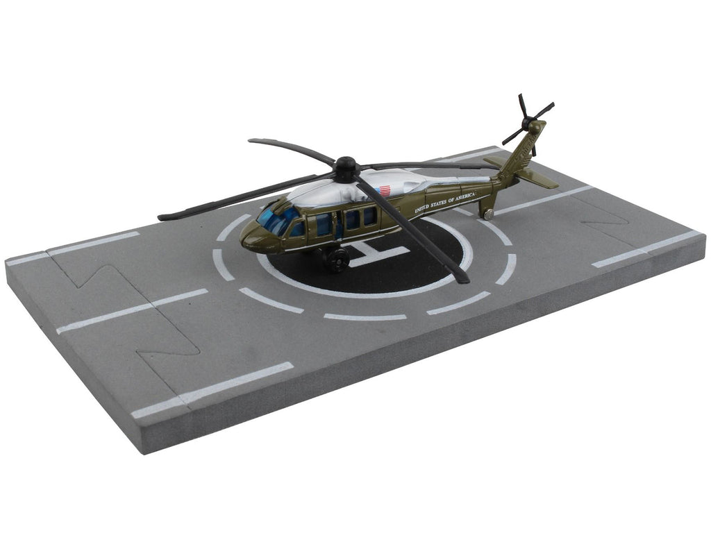 Sikorsky VH-60 White Hawk Helicopter Olive Drab with White Top 'United States Presidential Helicopter - Marine One' with Runway Section Diecast Model by Runway24