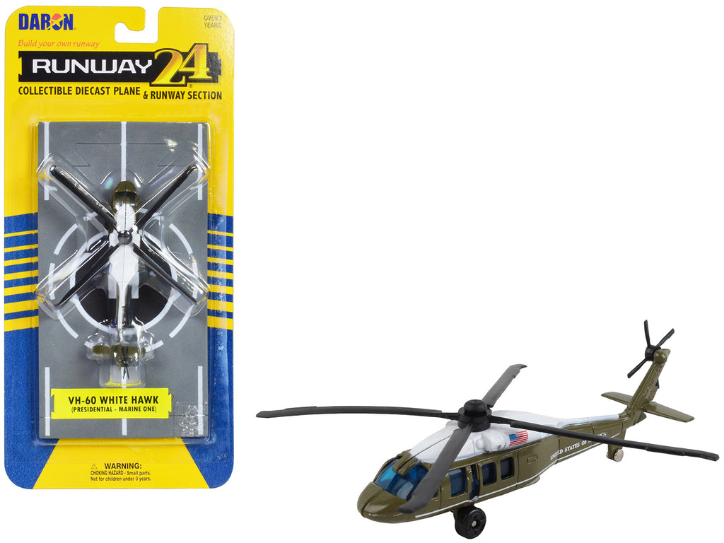 Sikorsky VH-60 White Hawk Helicopter Olive Drab with White Top 'United States Presidential Helicopter - Marine One' with Runway Section Diecast Model by Runway24