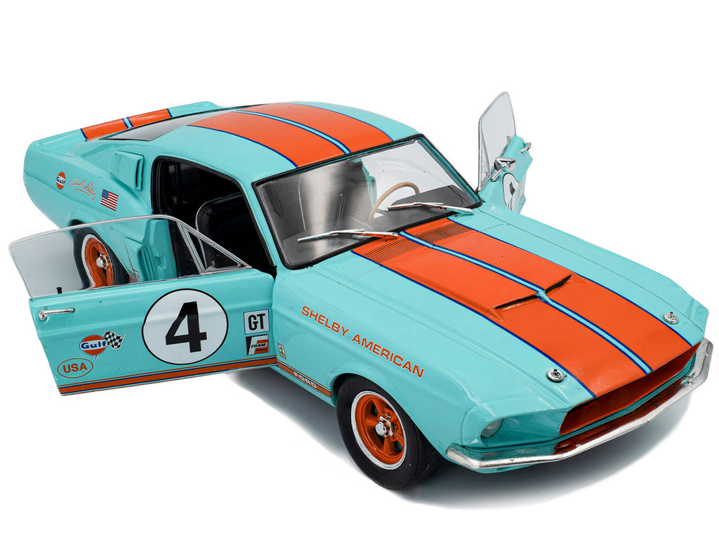 1967 Shelby GT500 #4 'Gulf Racing Tribute' Light Blue with Orange Stripes 1/18 Diecast Model Car by Solido