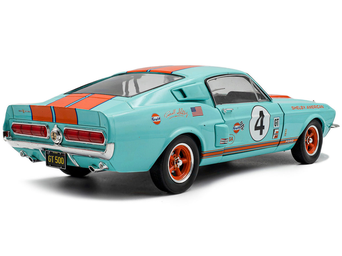 1967 Shelby GT500 #4 'Gulf Racing Tribute' Light Blue with Orange Stripes 1/18 Diecast Model Car by Solido