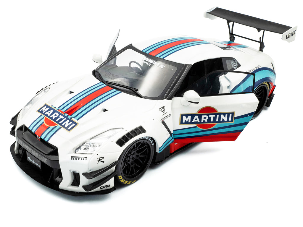2024 Nissan GT-R (R35) RHD (Right Hand Drive) with Liberty Walk 2.0 Body Kit 'Martini Racing' White with Stripes 1/18 Diecast Model Car by Solido