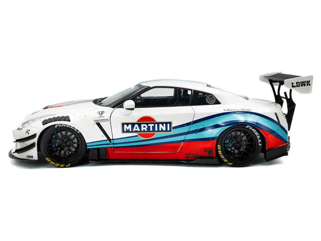 2024 Nissan GT-R (R35) RHD (Right Hand Drive) with Liberty Walk 2.0 Body Kit 'Martini Racing' White with Stripes 1/18 Diecast Model Car by Solido