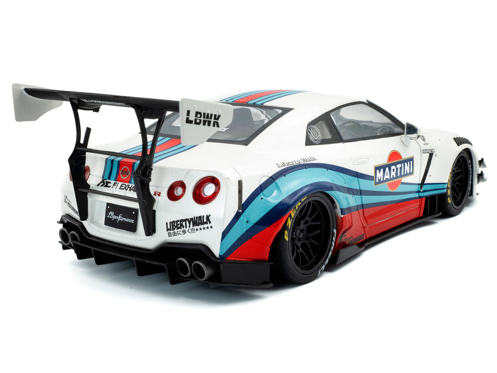2024 Nissan GT-R (R35) RHD (Right Hand Drive) with Liberty Walk 2.0 Body Kit 'Martini Racing' White with Stripes 1/18 Diecast Model Car by Solido
