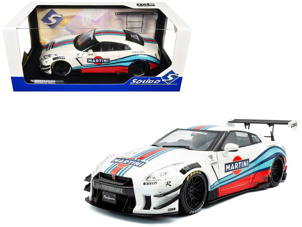 2024 Nissan GT-R (R35) RHD (Right Hand Drive) with Liberty Walk 2.0 Body Kit 'Martini Racing' White with Stripes 1/18 Diecast Model Car by Solido