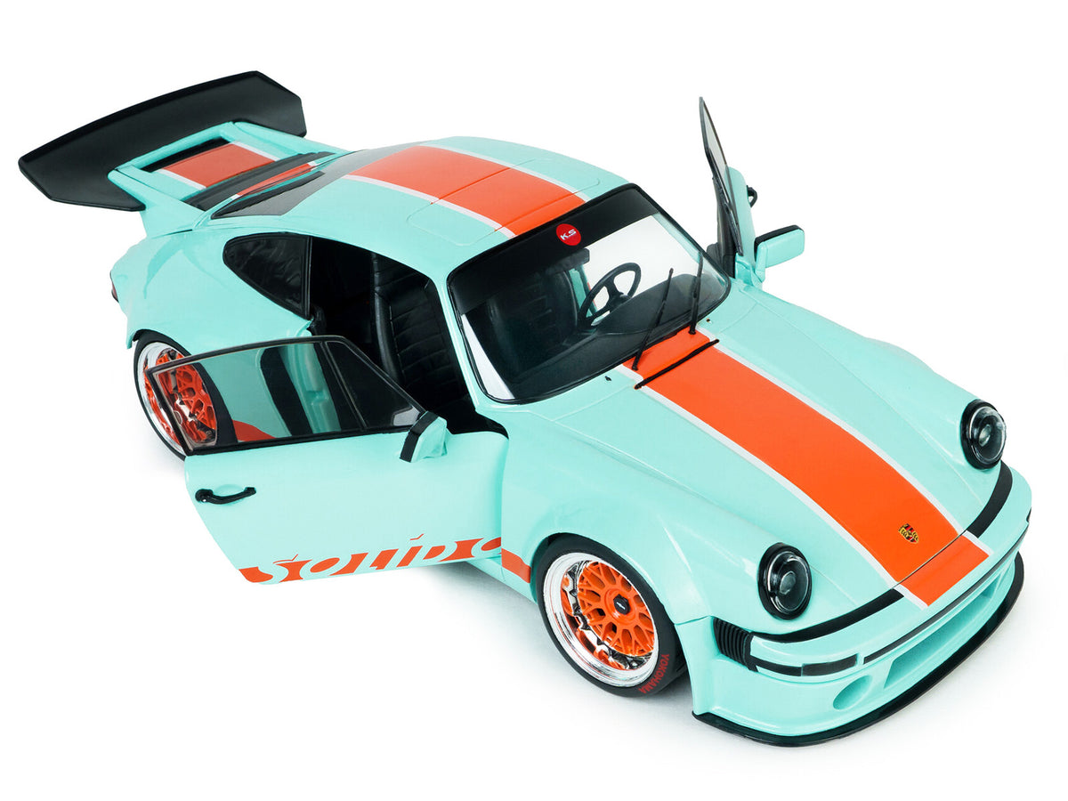 2025 Porsche 911 KS-R by Khyzyl Saleem 'Blue Racer' Light Blue with Orange Stripes 1/18 Diecast Model Car by Solido