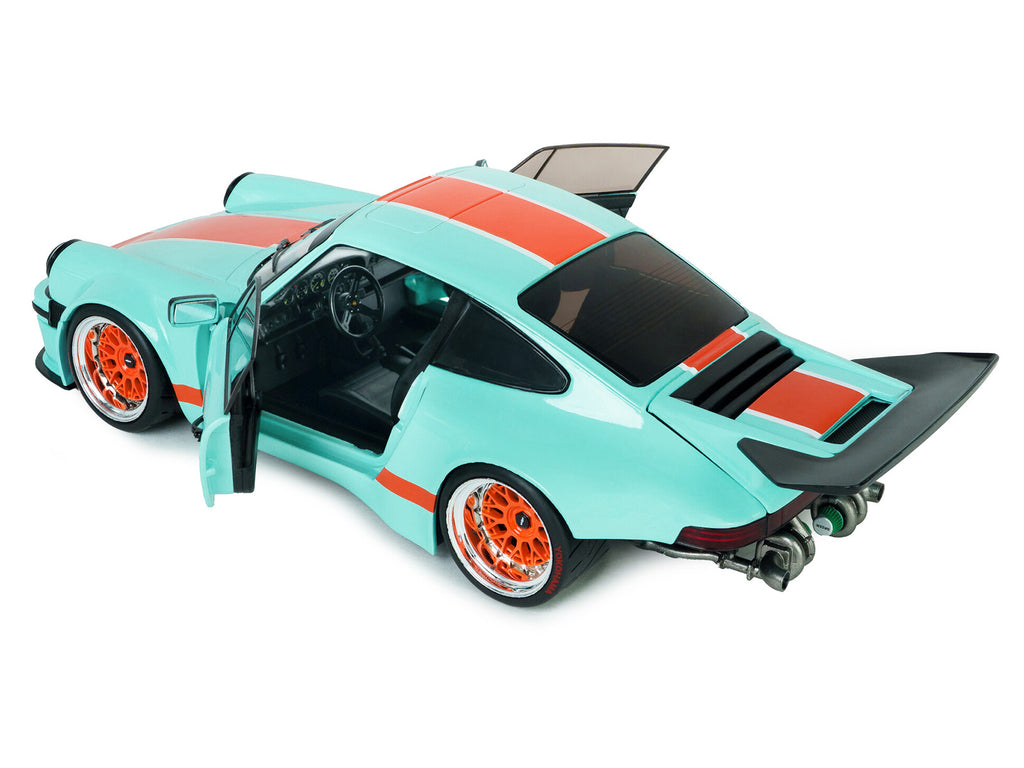 2025 Porsche 911 KS-R by Khyzyl Saleem 'Blue Racer' Light Blue with Orange Stripes 1/18 Diecast Model Car by Solido