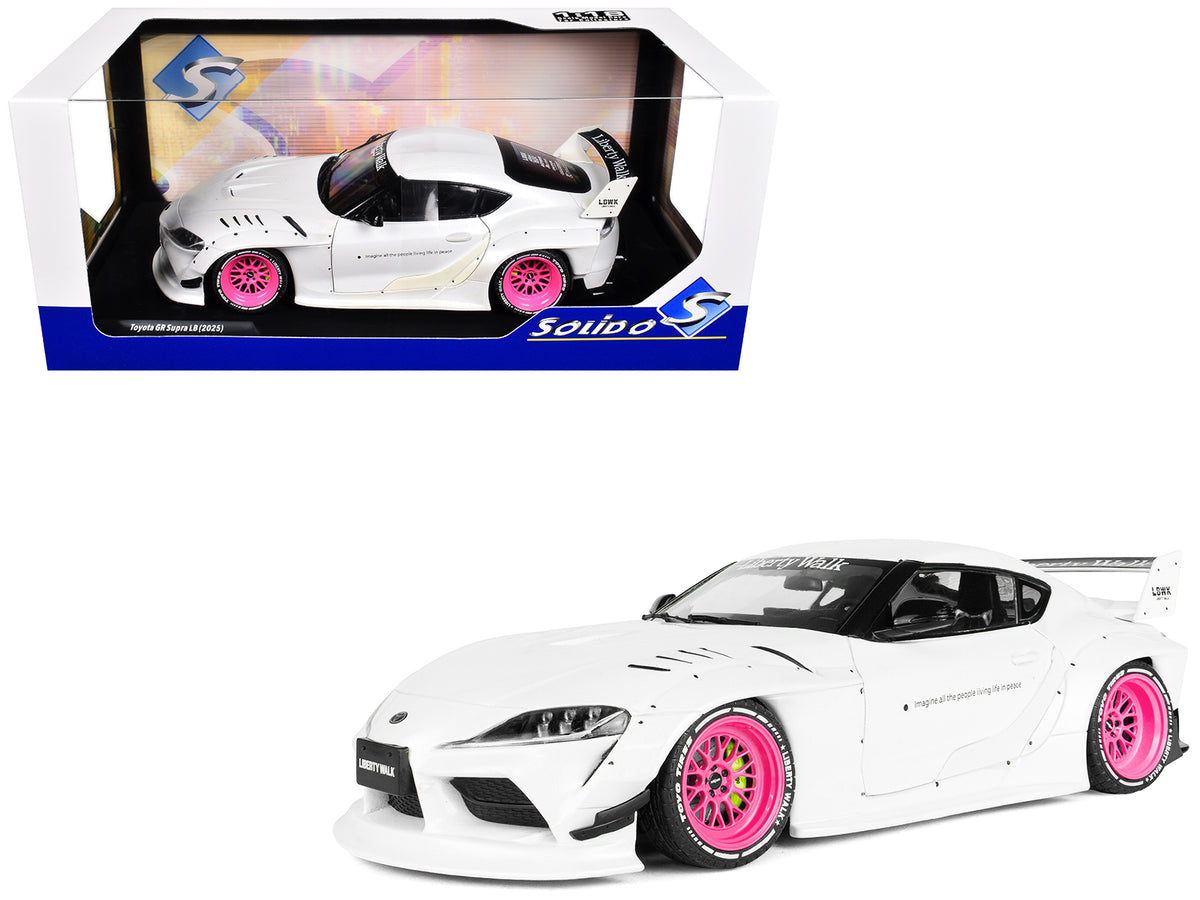 2025 Toyota GR Supra 'Liberty Walk' Body Kit White Metallic with Pink Wheels 1/18 Diecast Model Car by Solido