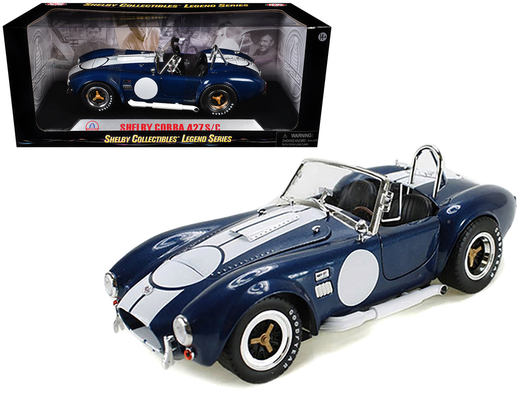 1965 Shelby Cobra 427 S/C Dark Blue Metallic with White Stripes with Printed Carroll Shelby's Signature on the Trunk 1/18 Diecast Model Car by Shelby Collectibles