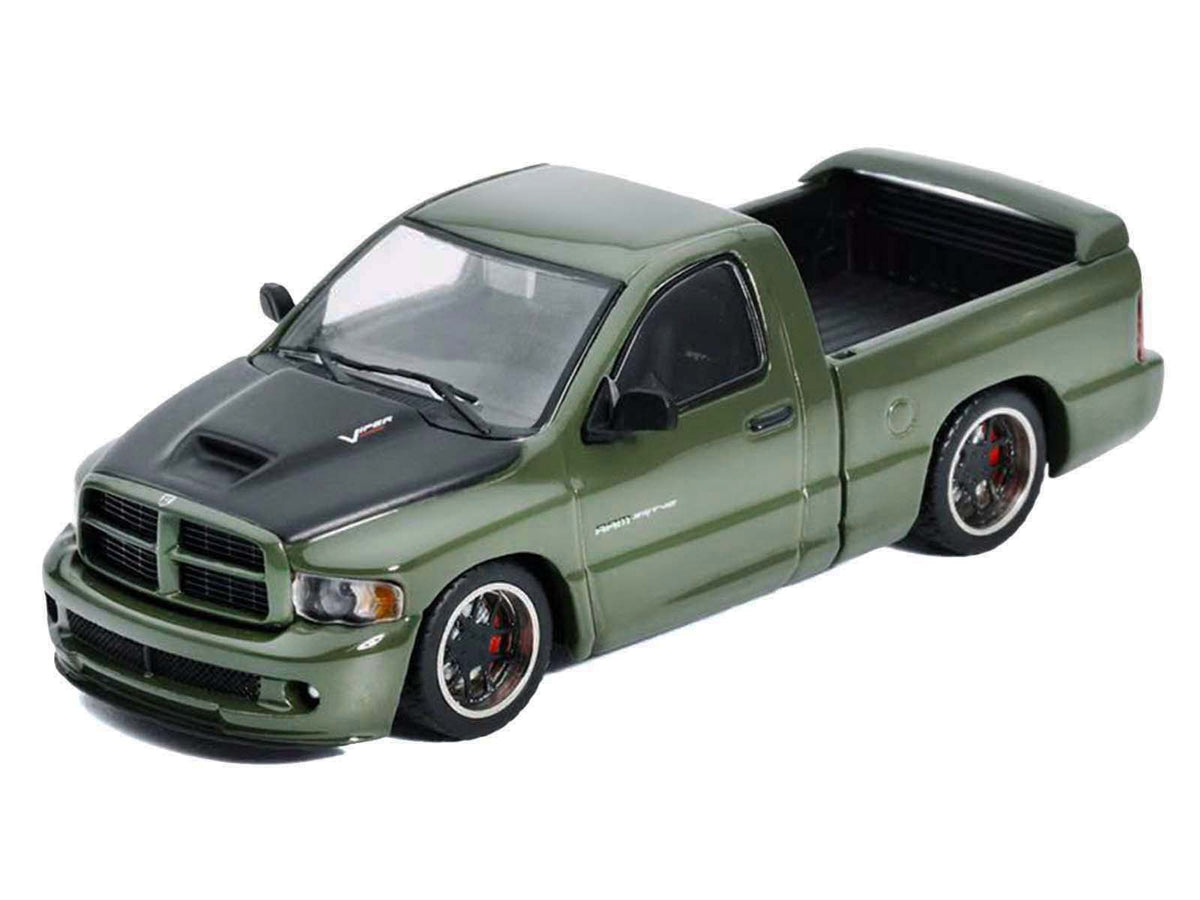 2003 Dodge Ram SRT-10 Pickup Truck Green Metallic with Matt Black Hood 1/64 Diecast Model Car by Shoom64 Models