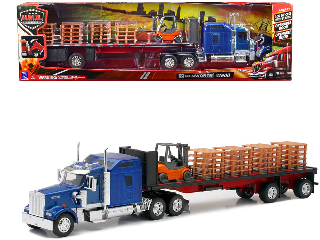 Kenworth W900 Truck with Flatbed Trailer Blue with Forklift and Pallets 'Long Haul Truckers' Series 1/32 Diecast Model by New Ray