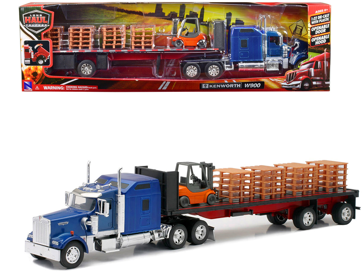 Kenworth W900 Truck with Flatbed Trailer Blue with Forklift and Pallets 'Long Haul Truckers' Series 1/32 Diecast Model by New Ray