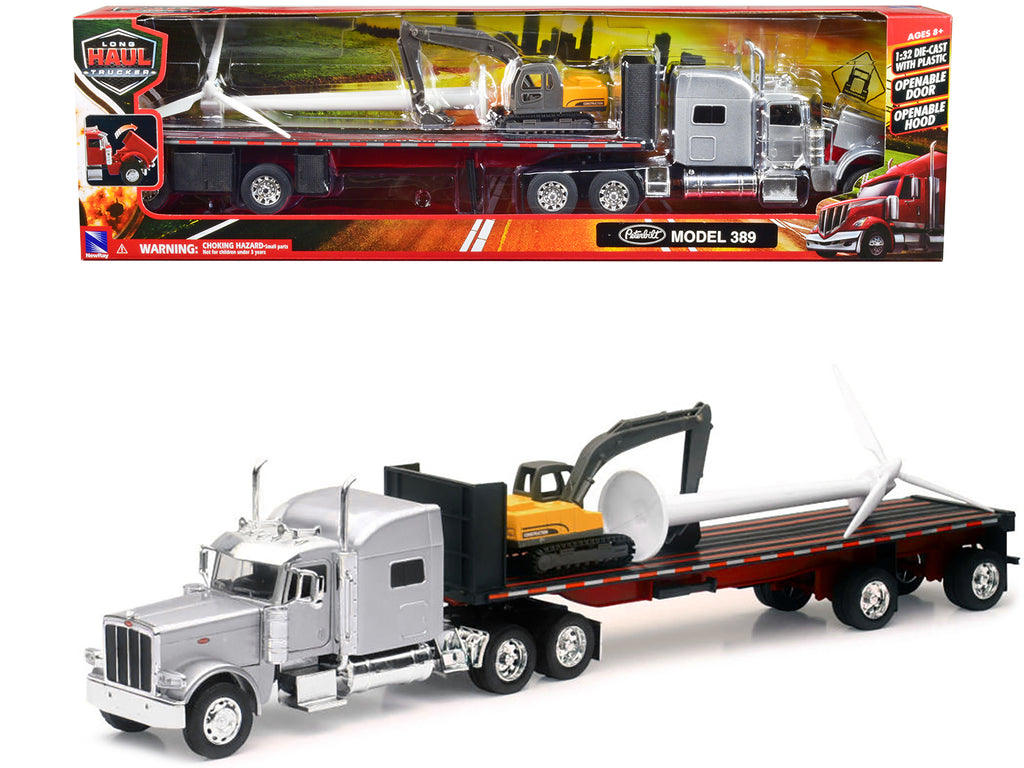 Peterbilt 389 Truck with Flatbed Trailer Silver Metallic with Excavator and Wind Turbine 'Long Haul Truckers' Series 1/32 Diecast Model by New Ray