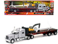 Peterbilt 389 Truck with Flatbed Trailer Silver Metallic with Excavator and Wind Turbine 'Long Haul Truckers' Series 1/32 Diecast Model by New Ray