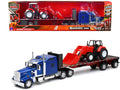 Kenworth W900 Truck with Flatbed Trailer Blue Metallic with Farm Tractor Red 'Long Haul Truckers' Series 1/32 Diecast Model by New Ray
