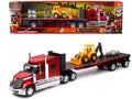 International Lonestar Truck with Flatbed Trailer Red Metallic with Front Loader and Rocks 'Long Haul Truckers' Series 1/32 Diecast Model by New Ray