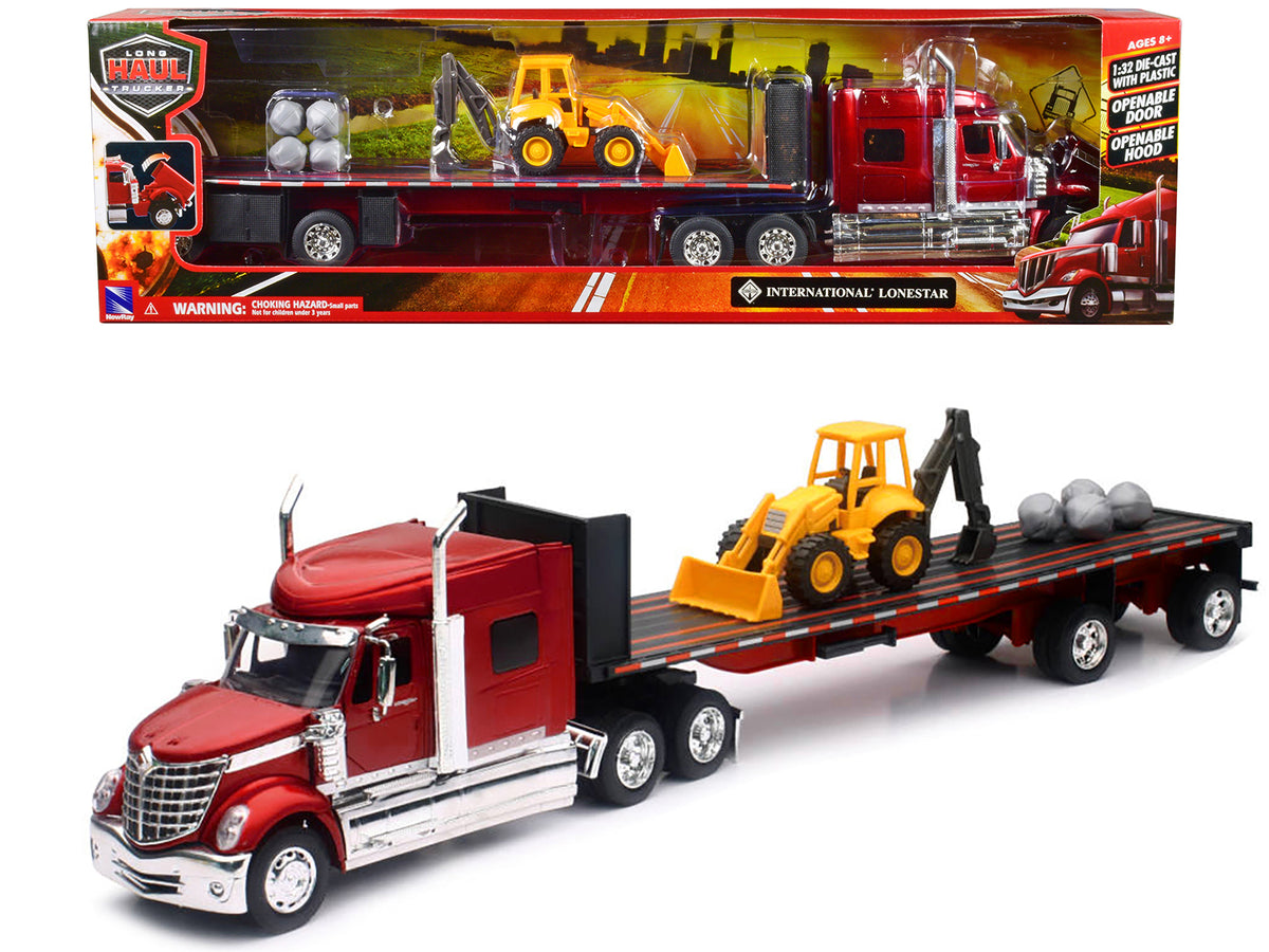 International Lonestar Truck with Flatbed Trailer Red Metallic with Front Loader and Rocks 'Long Haul Truckers' Series 1/32 Diecast Model by New Ray