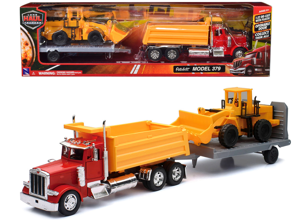 Peterbilt 379 Dump Truck Red and Wheel Loader Yellow with Flatbed Trailer 'Long Haul Truckers' Series 1/32 Diecast Model by New Ray