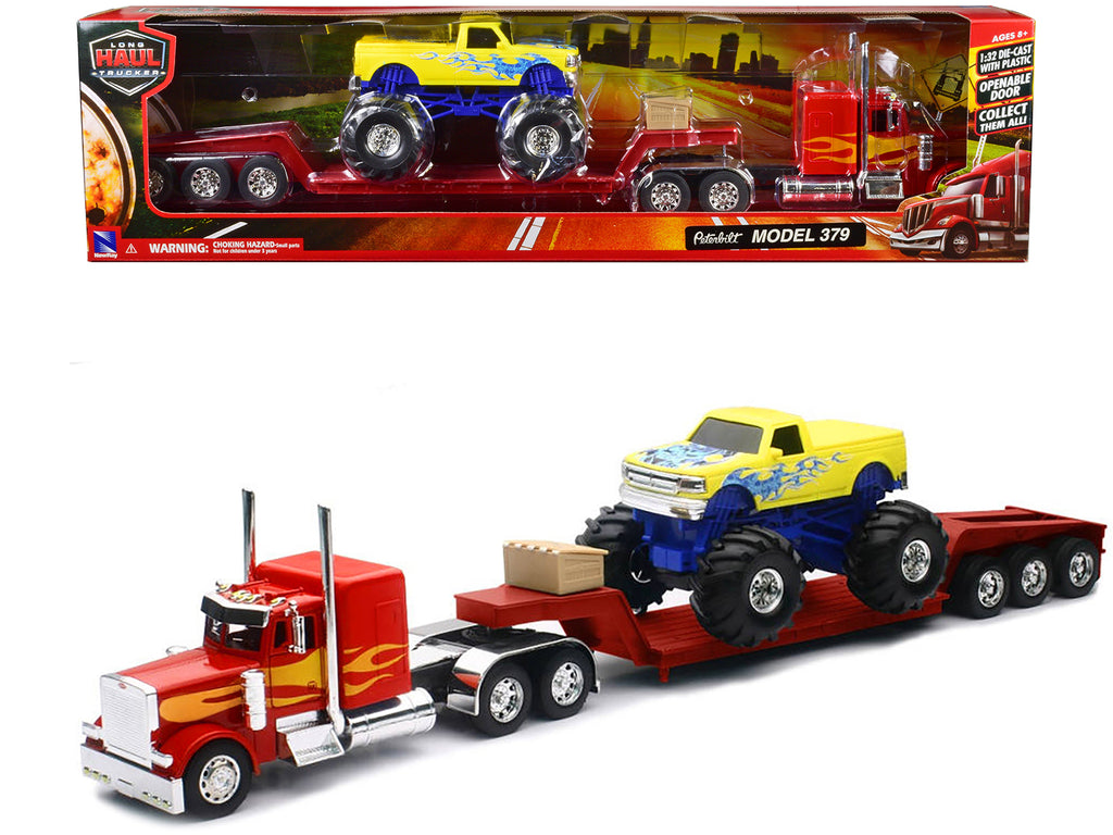 Peterbilt 379 Truck with Lowboy Trailer Red with Orange Flames and Monster Truck Yellow with Blue Flames 'Long Haul Truckers' Series 1/32 Diecast Model by New Ray