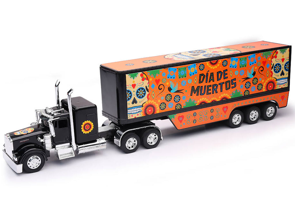 Kenworth W900 Truck Black with Graphics and Dry Van Trailer 'Dia De Muertos' 1/32 Diecast Model by New Ray
