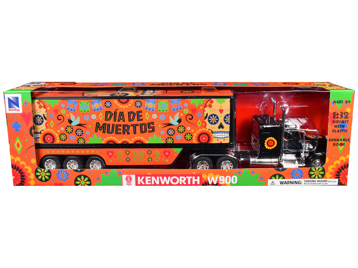 Kenworth W900 Truck Black with Graphics and Dry Van Trailer 'Dia De Muertos' 1/32 Diecast Model by New Ray