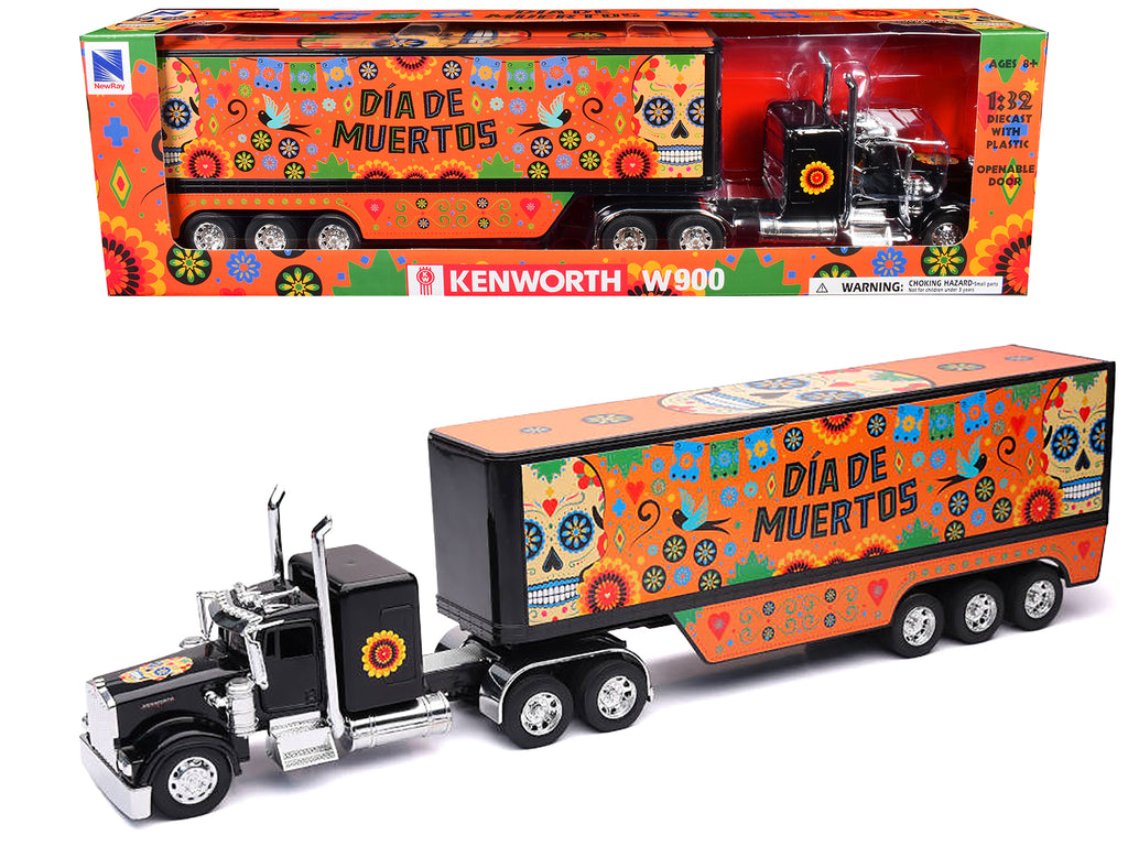 Kenworth W900 Truck Black with Graphics and Dry Van Trailer 'Dia De Muertos' 1/32 Diecast Model by New Ray