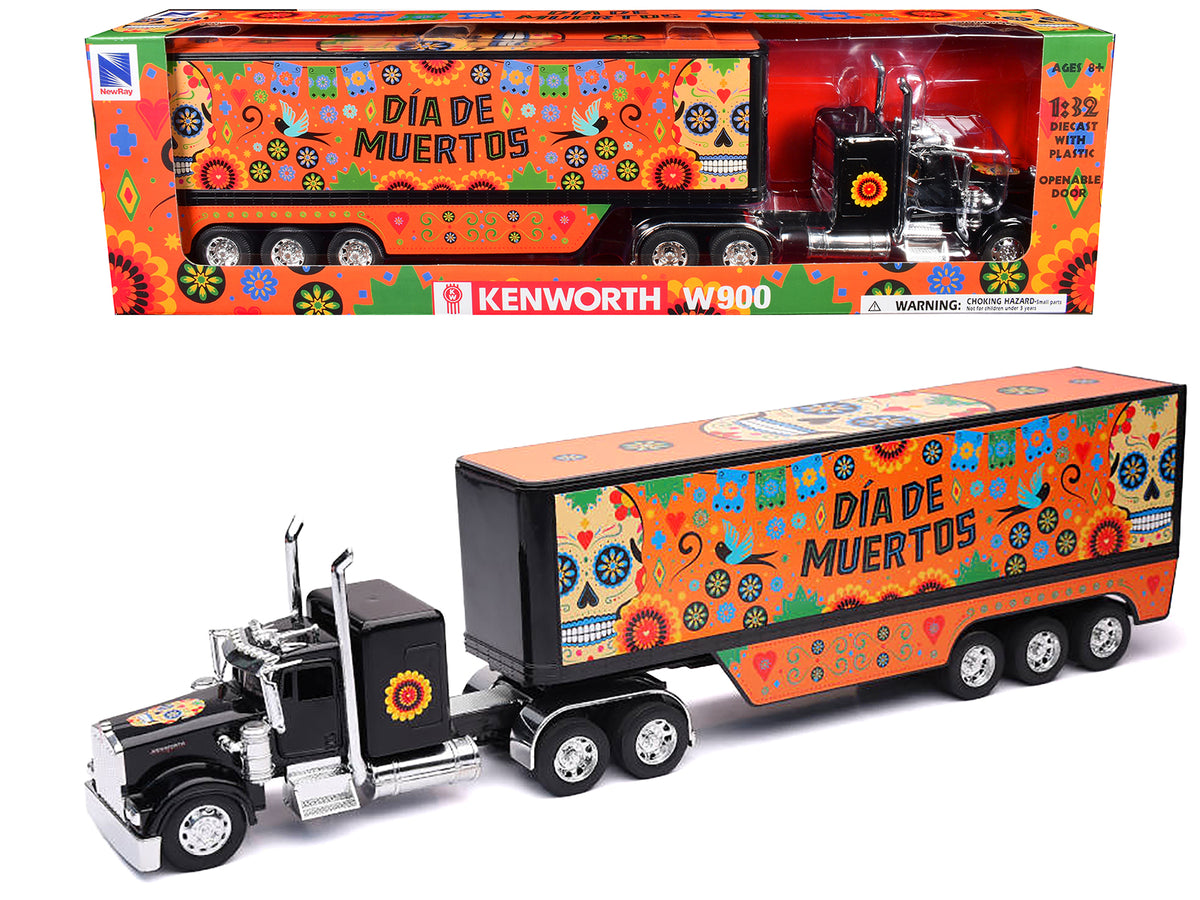 Kenworth W900 Truck Black with Graphics and Dry Van Trailer 'Dia De Muertos' 1/32 Diecast Model by New Ray