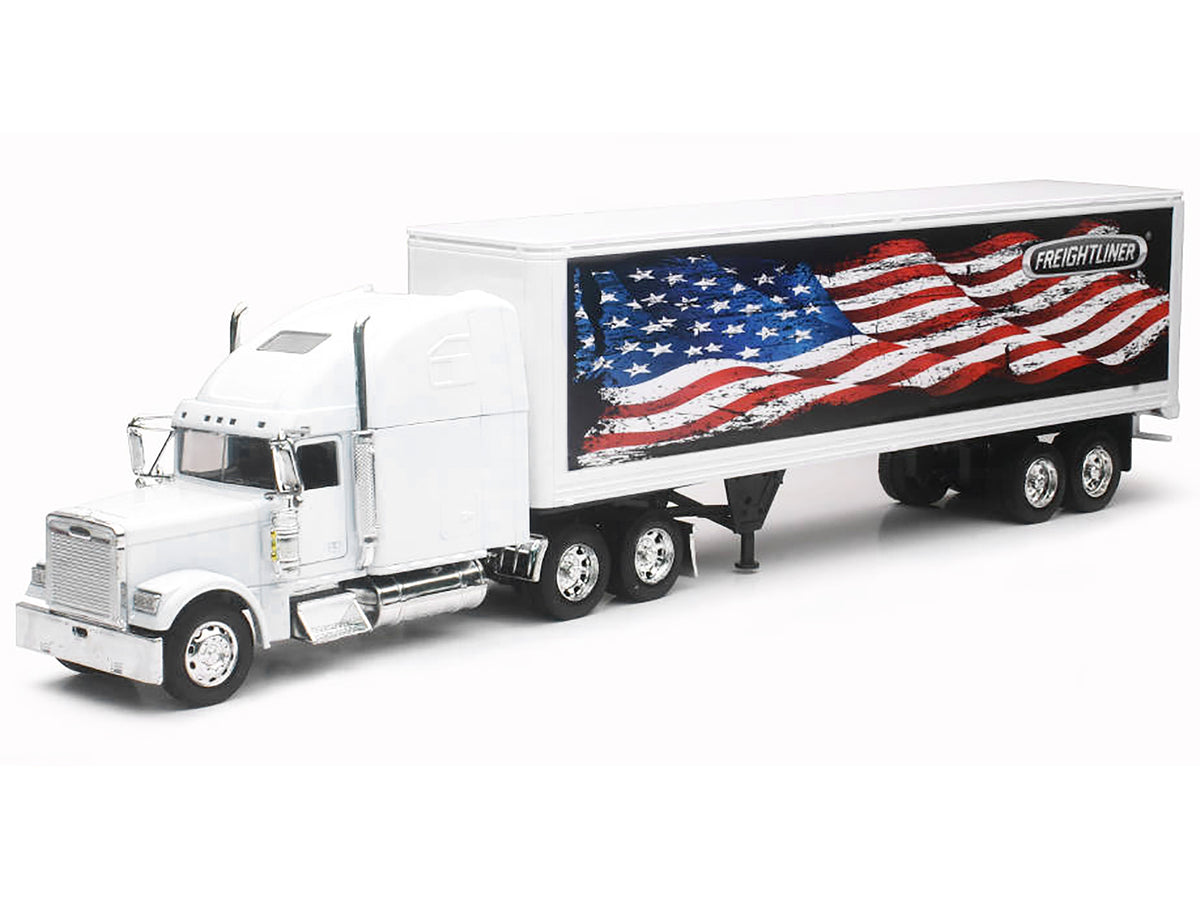Freightliner Classic XL Truck White with Dry Van Trailer White with Patriotic Graphic 'Long Haul Truckers' Series 1/32 Diecast Model by New Ray