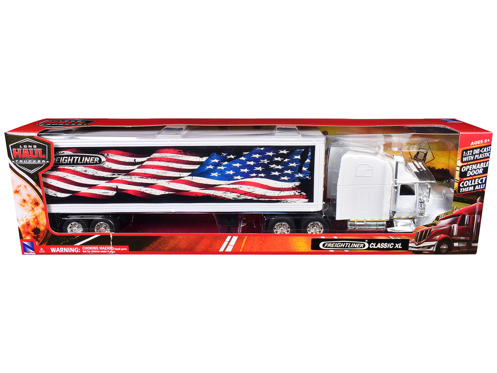 Freightliner Classic XL Truck White with Dry Van Trailer White with Patriotic Graphic 'Long Haul Truckers' Series 1/32 Diecast Model by New Ray