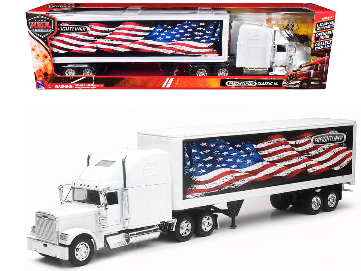Freightliner Classic XL Truck White with Dry Van Trailer White with Patriotic Graphic 'Long Haul Truckers' Series 1/32 Diecast Model by New Ray