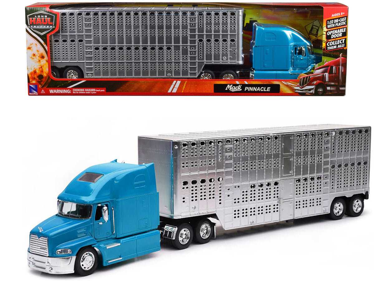 Mack Pinnacle Truck with Pot Belly Livestock Trailer Blue and Chrome 'Long Haul Truckers' Series 1/32 Diecast Model by New Ray