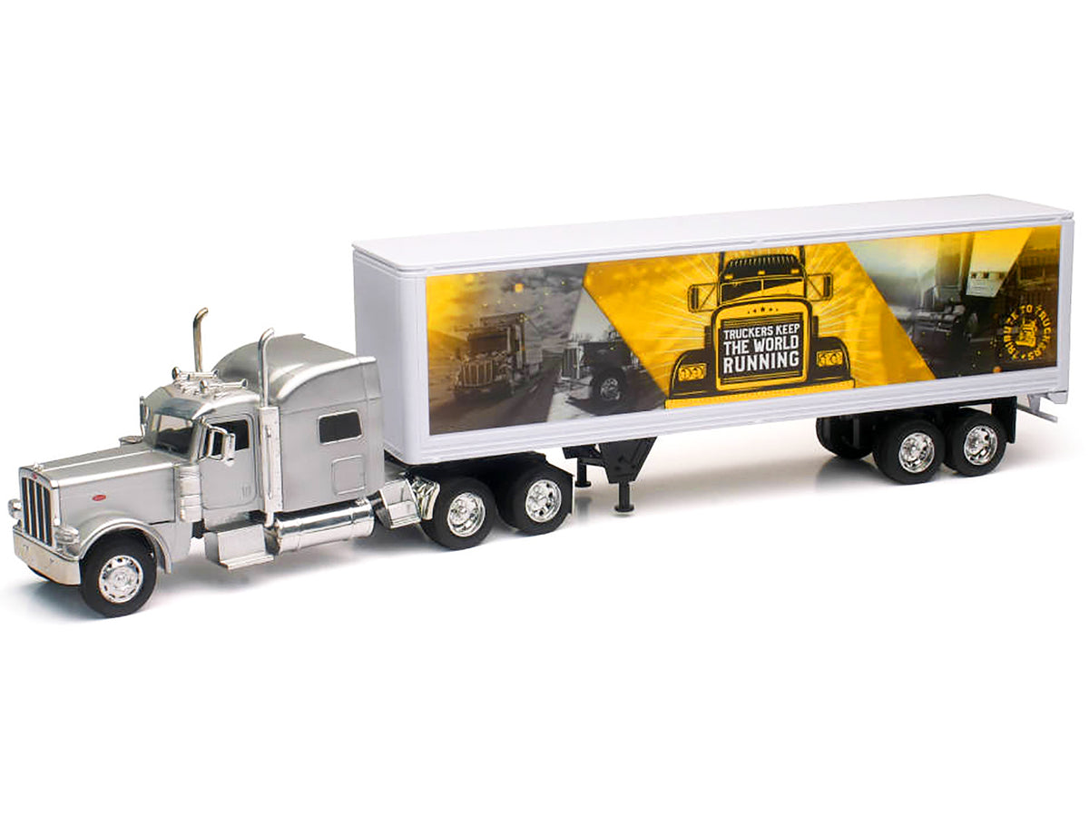 Peterbilt 389 Truck Silver Metallic with Dry Van Trailer 'Trucker Keep The World Running' 'Long Haul Truckers' Series 1/32 Diecast Model by New Ray