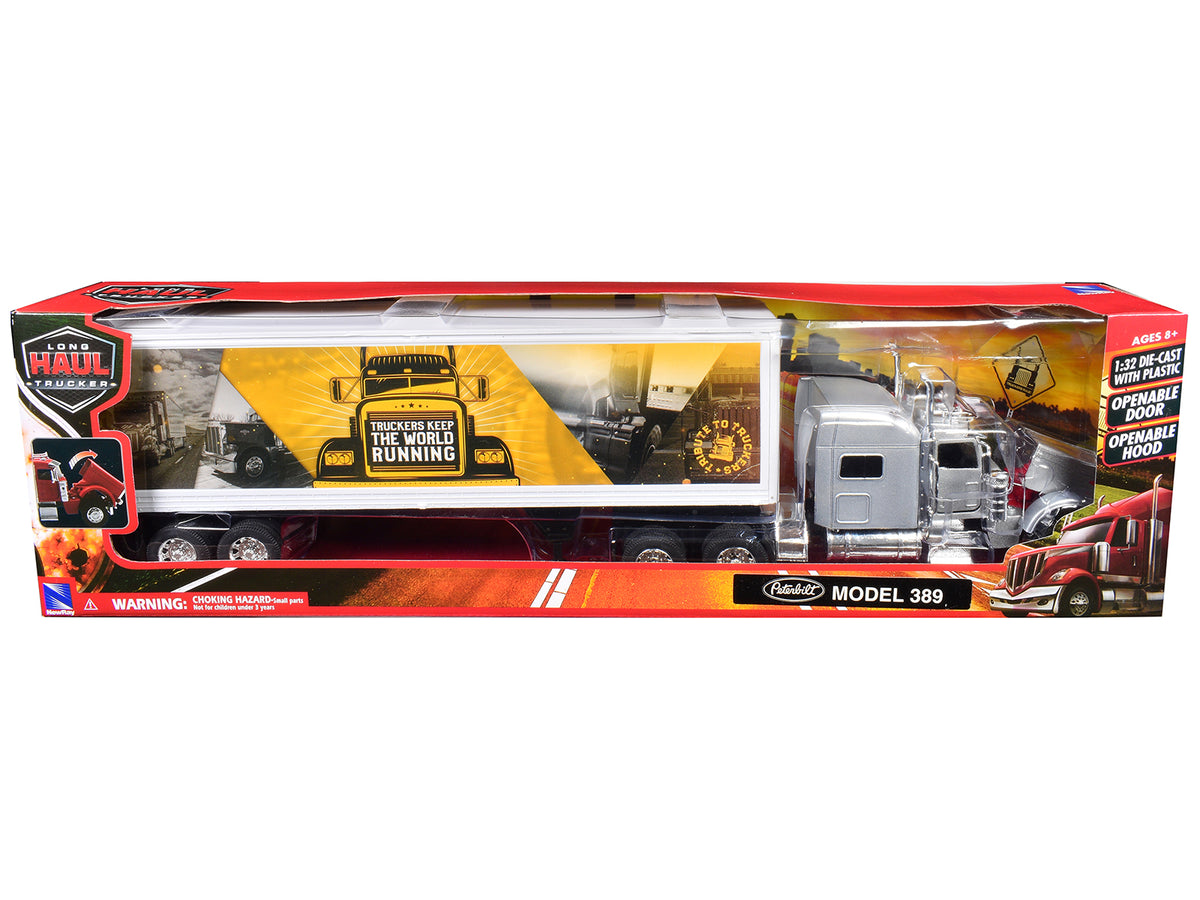 Peterbilt 389 Truck Silver Metallic with Dry Van Trailer 'Trucker Keep The World Running' 'Long Haul Truckers' Series 1/32 Diecast Model by New Ray