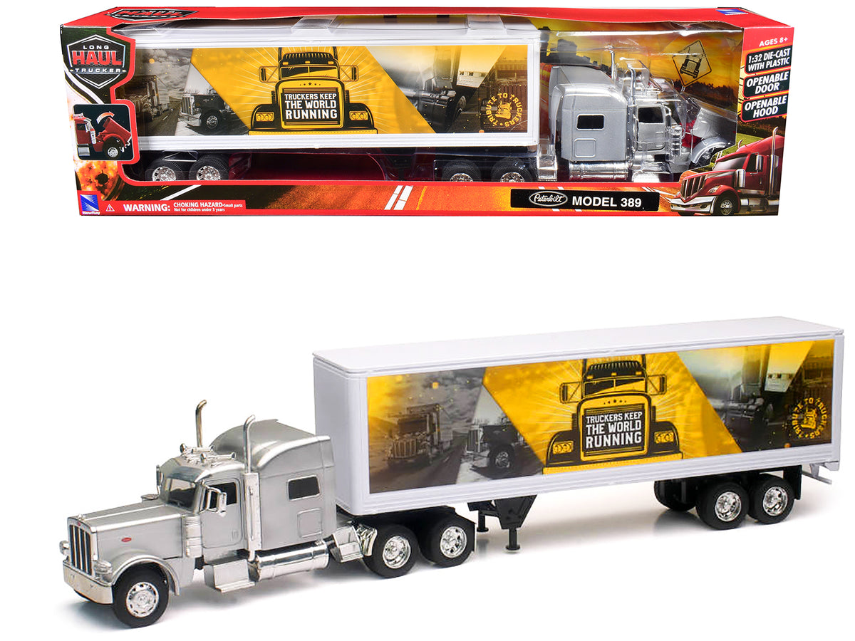 Peterbilt 389 Truck Silver Metallic with Dry Van Trailer 'Trucker Keep The World Running' 'Long Haul Truckers' Series 1/32 Diecast Model by New Ray