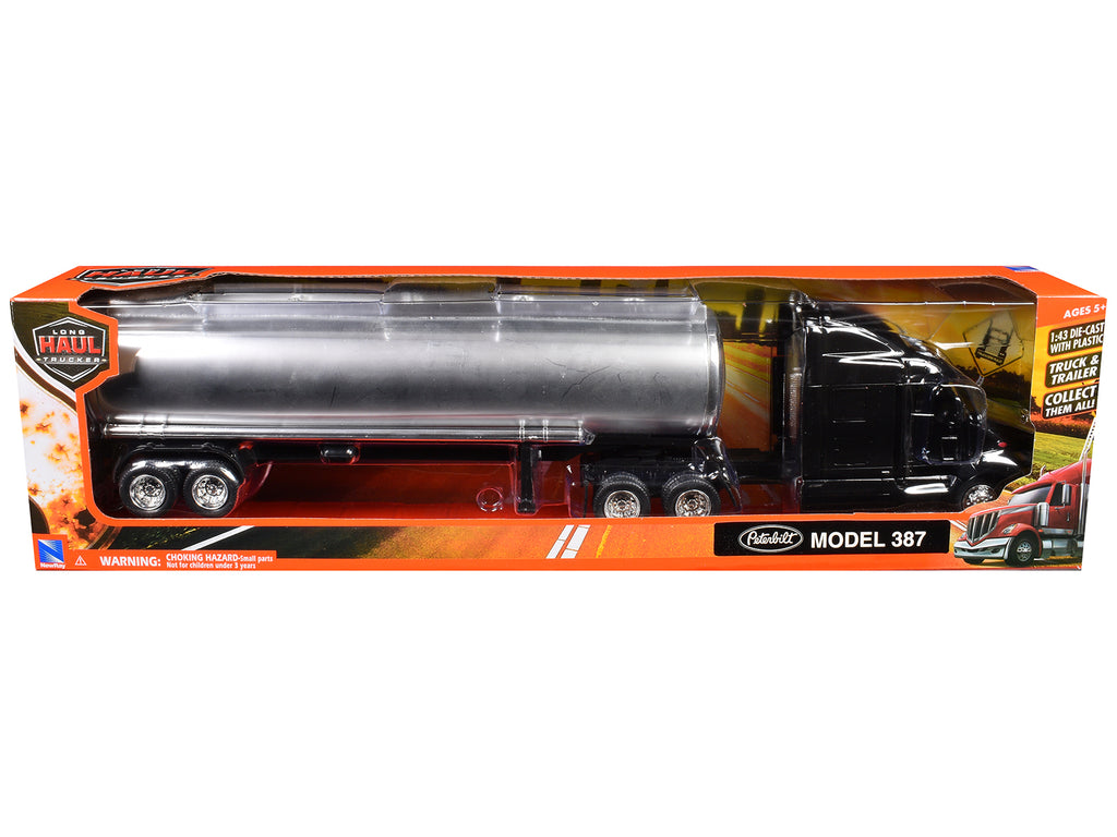 Peterbilt 387 Truck Black with Tanker Trailer Silver 'Long Haul Truckers' Series 1/43 Diecast Model by New Ray
