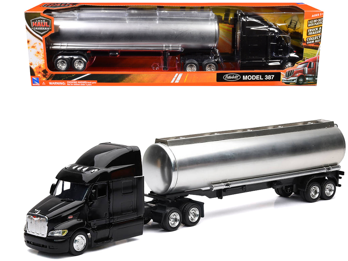 Peterbilt 387 Truck Black with Tanker Trailer Silver 'Long Haul Truckers' Series 1/43 Diecast Model by New Ray