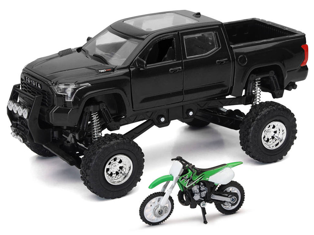 Toyota Tundra Pro Pickup Truck Black and Kawasaki KX 250 Motorcycle Green and White 'Xtreme Off-Road' Series 1/32 Diecast Models by New Ray