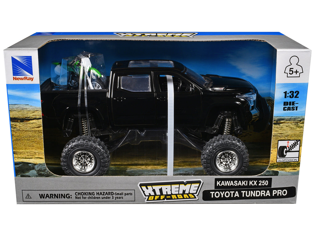 Toyota Tundra Pro Pickup Truck Black and Kawasaki KX 250 Motorcycle Green and White 'Xtreme Off-Road' Series 1/32 Diecast Models by New Ray