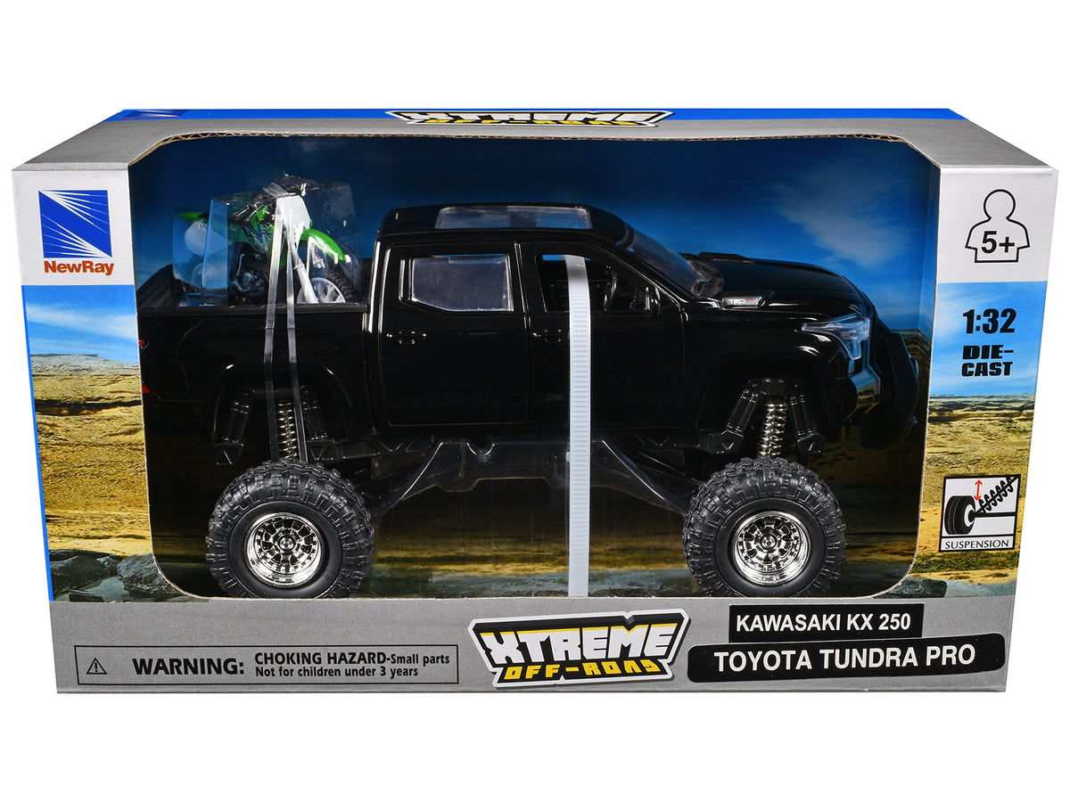 Toyota Tundra Pro Pickup Truck Black and Kawasaki KX 250 Motorcycle Green and White 'Xtreme Off-Road' Series 1/32 Diecast Models by New Ray